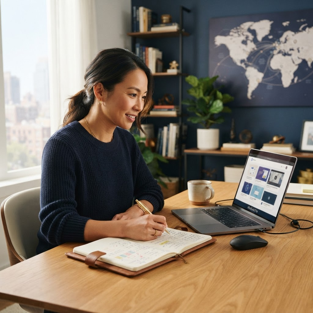 Professional learner studying a LinguaBridge short course